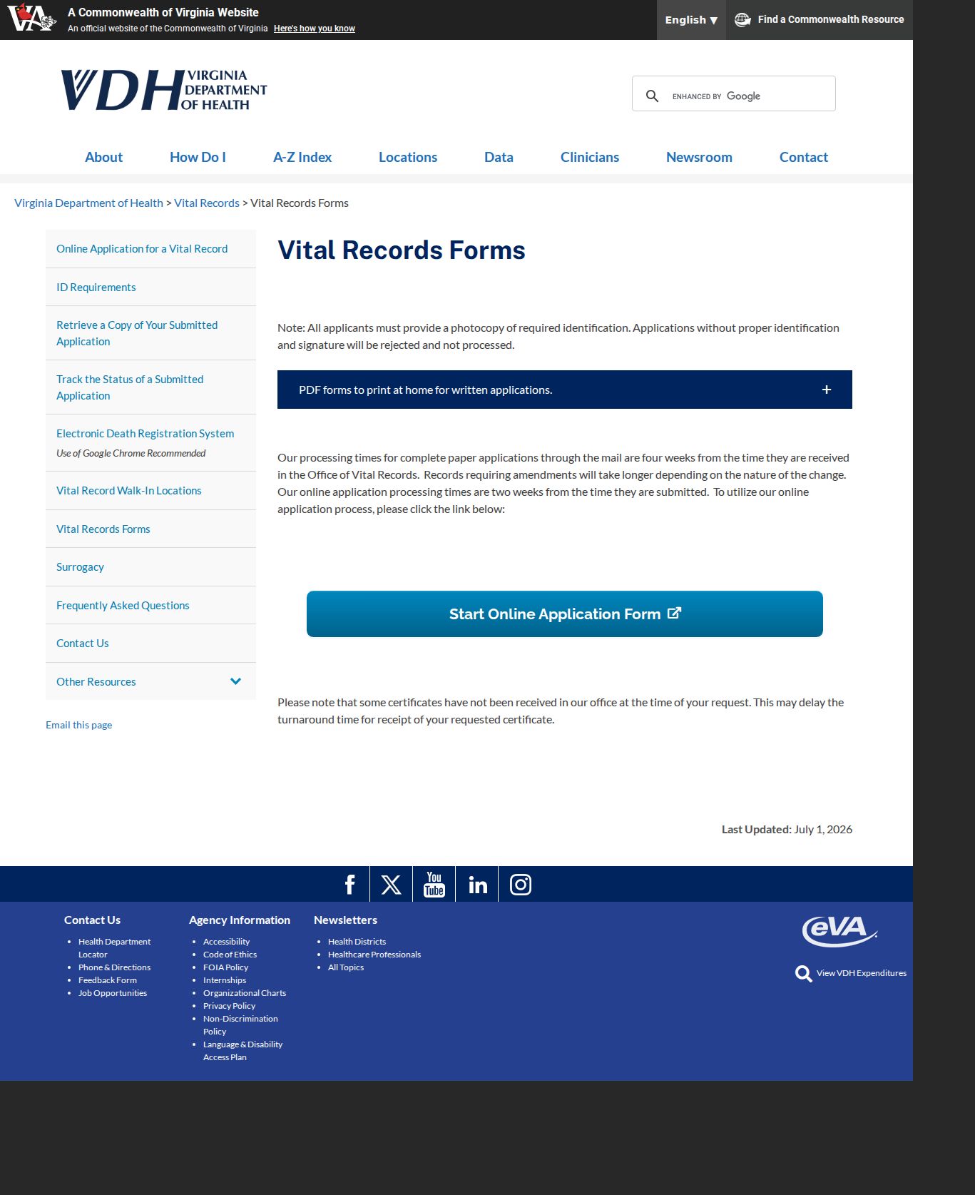 Mechanicsville residents directory reference to Virginia vital records request forms