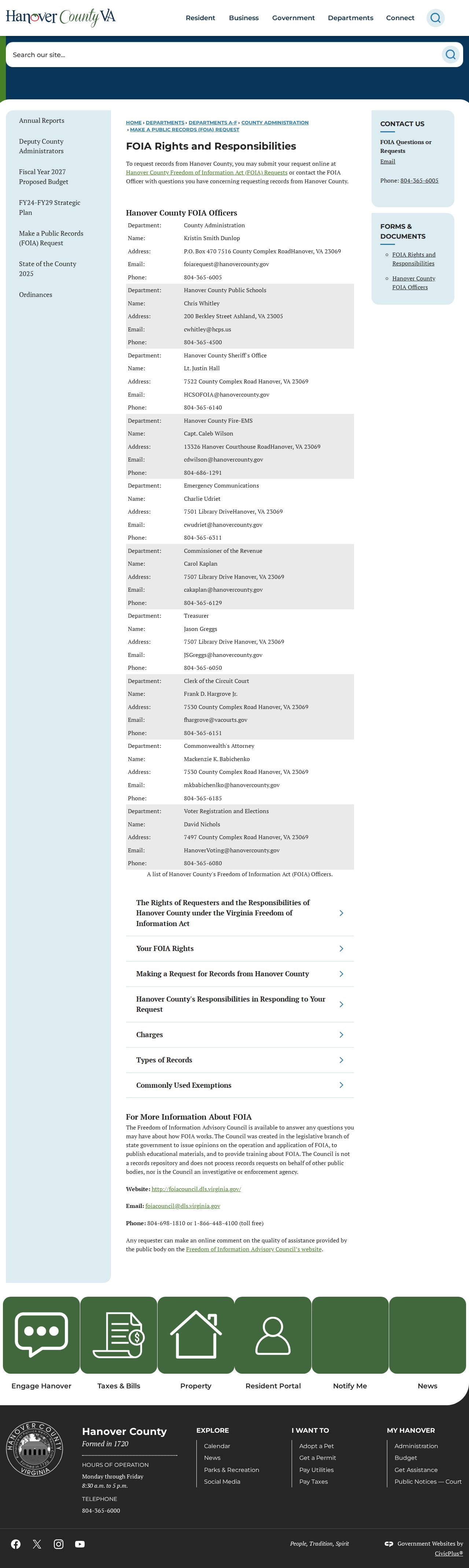 Mechanicsville residents directory reference to Hanover County FOIA request information