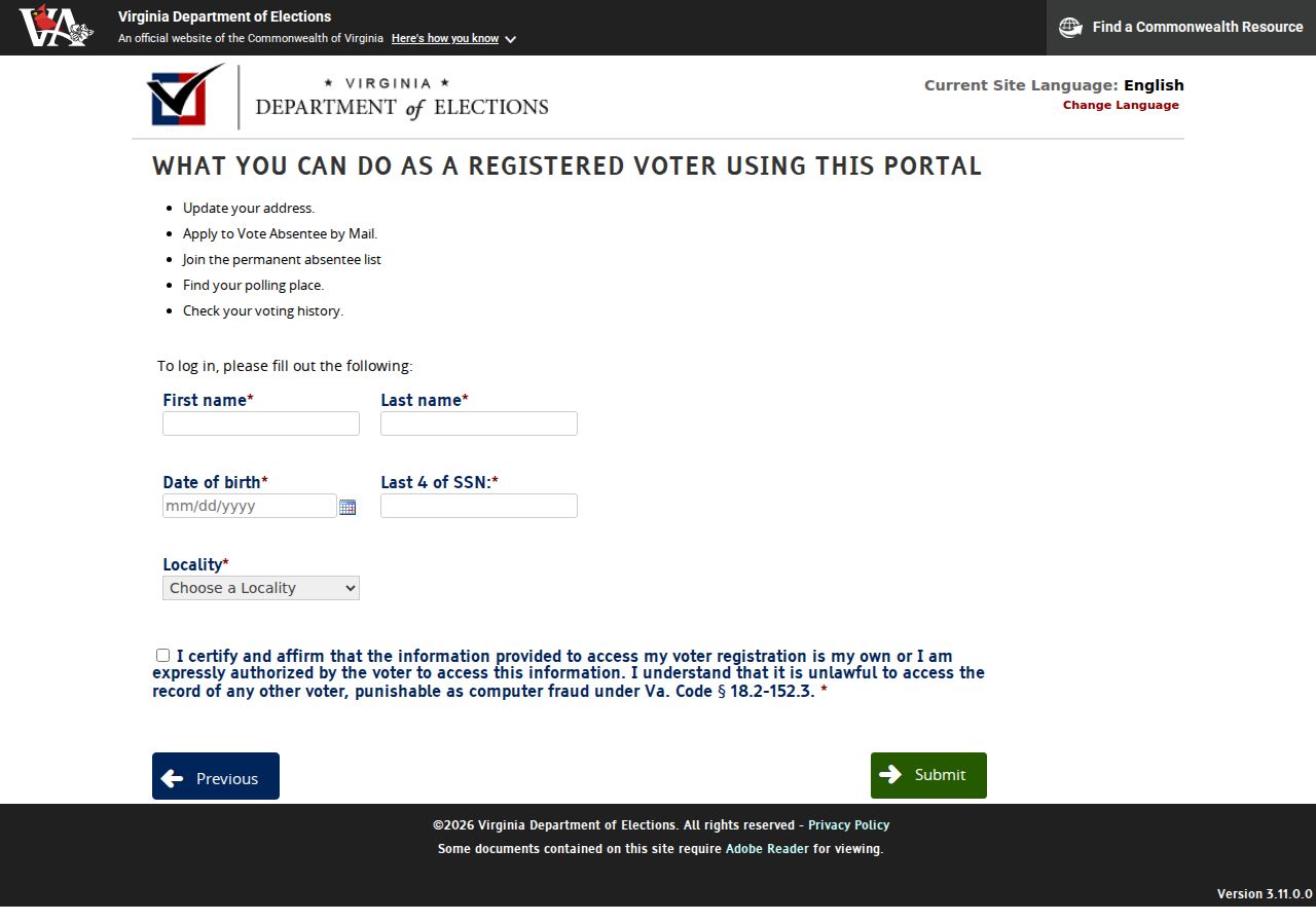 Mechanicsville residents directory view of Virginia voter status authorization form